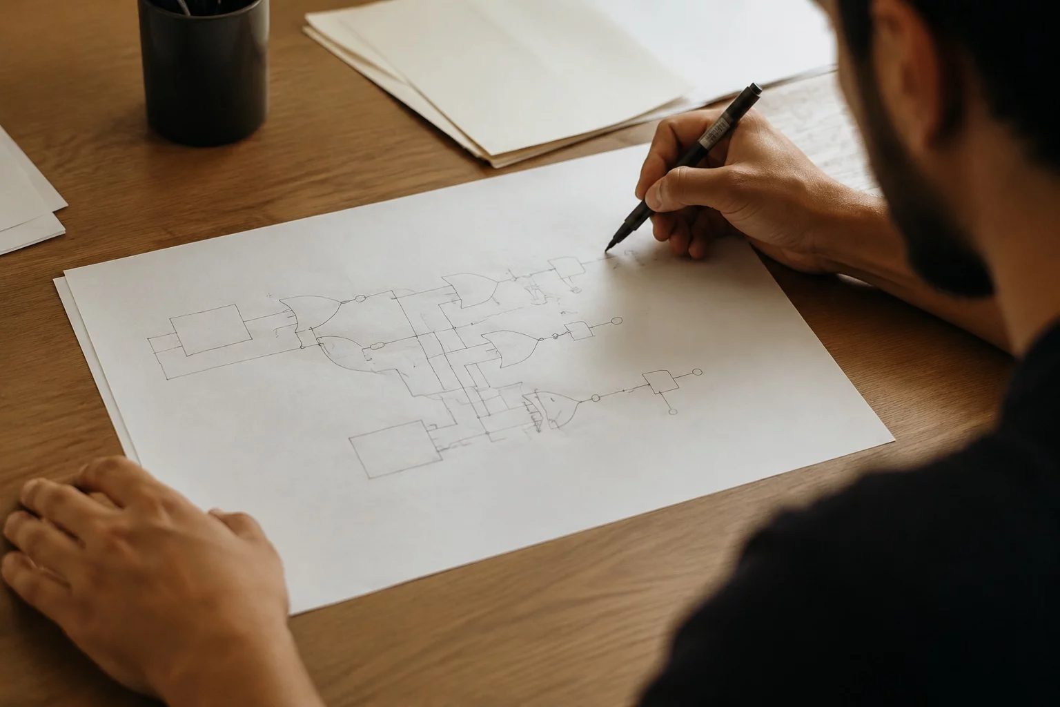 Vista de cima de uma mesa com um diagrama de lógica desenhado à mão