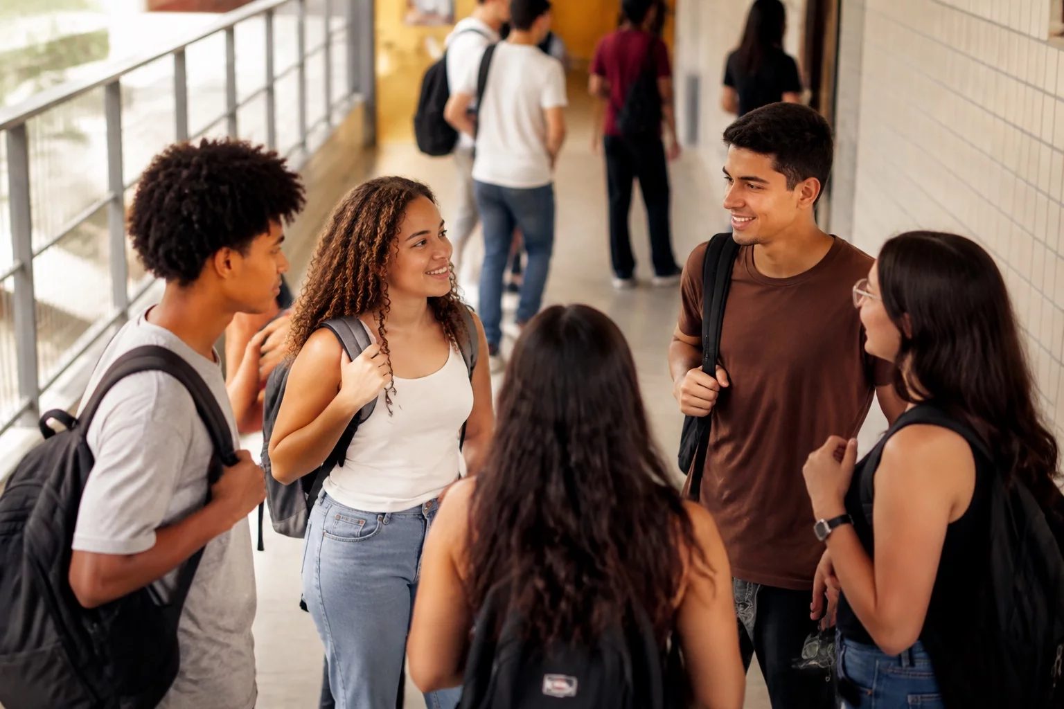 Estudantes com mochilas conversando no corredor de uma universidade