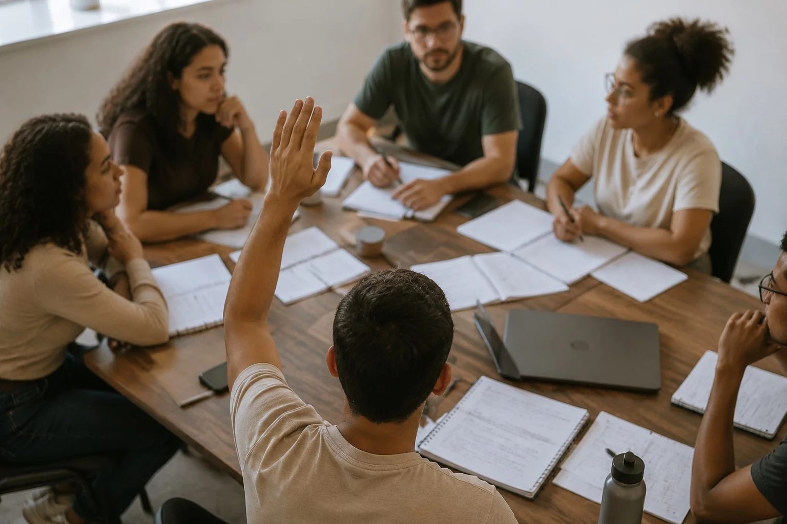 Estudante levantando a mão em uma mesa de seminário coberta de anotações