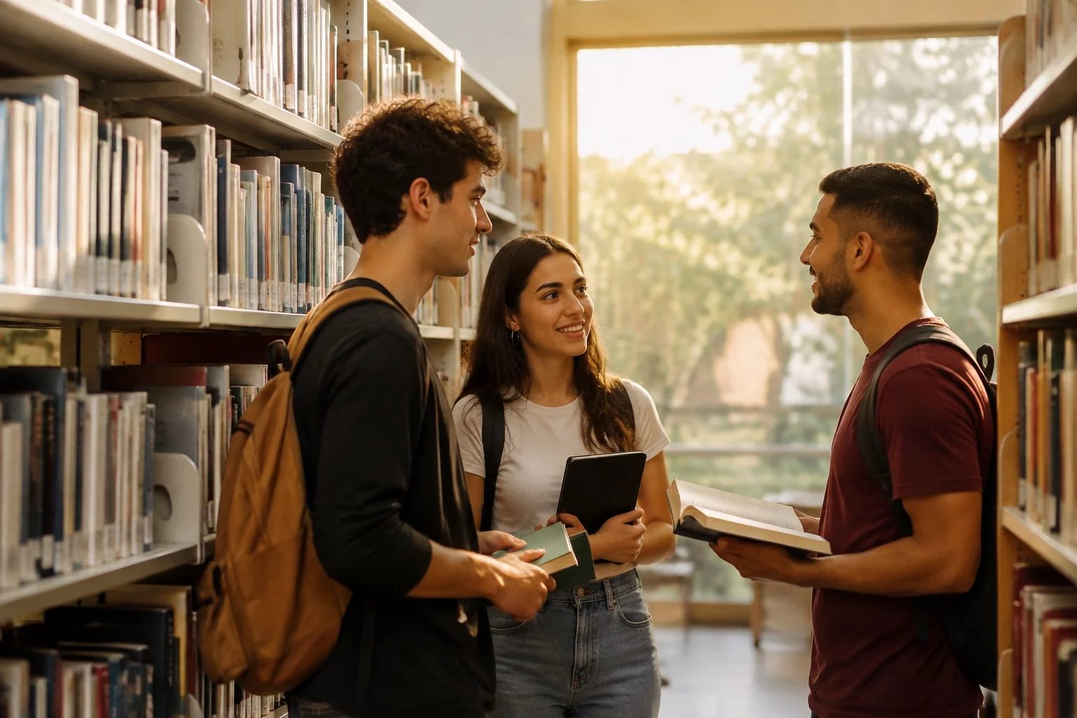 Estudantes conversando em pé entre as estantes de uma biblioteca