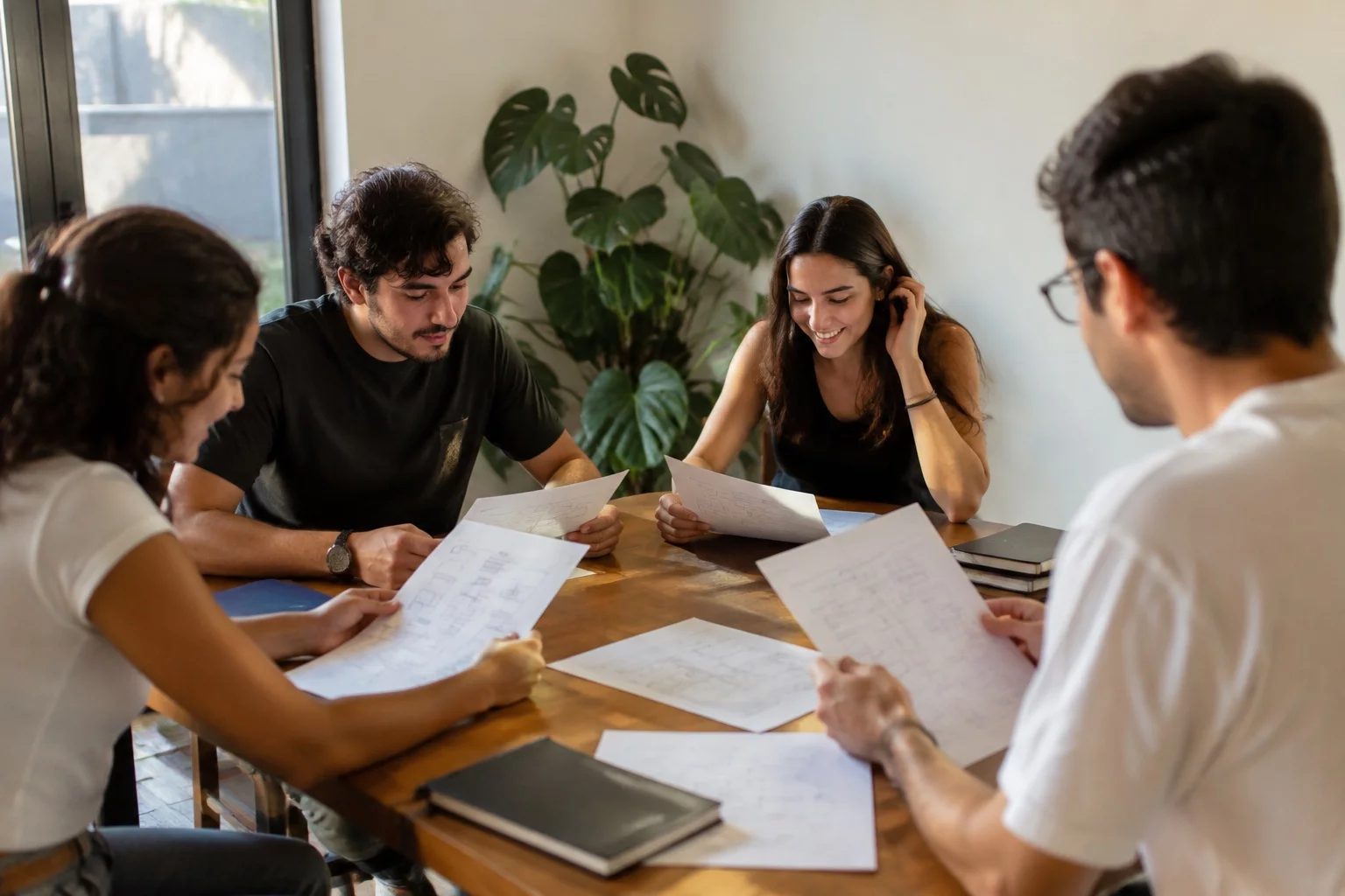 Grupo pequeno lendo páginas impressas de argumentos ao redor de uma mesa
