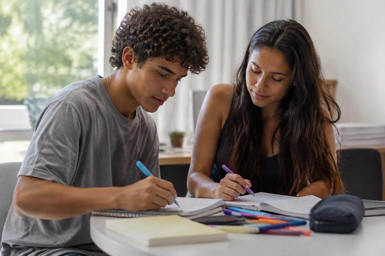 Dois estudantes preparando um debate com cadernos e marcadores