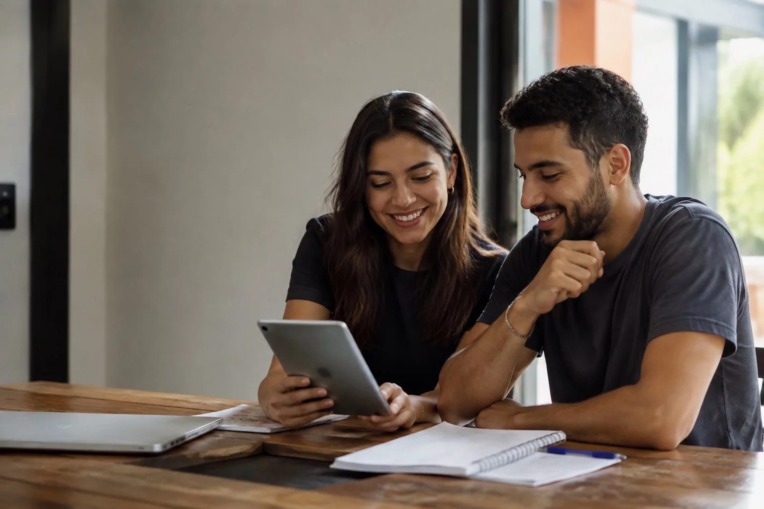 Duas pessoas revisando anotações em um tablet sobre uma mesa de madeira
